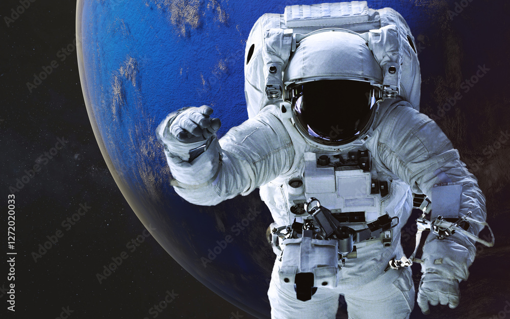 Space astronaut in a white spacesuit floating in space during a spacewalk, in a front of blue fiction planet with atmosphere visible below and a starry space background.