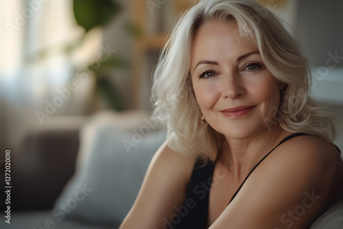 A middle-aged woman with shoulder-length blonde hair smiles at the camera, wearing black and sitting on her sofa Free Download A middle-aged woman with shoulder-length blonde hair smiles at the camera, wearing black and sitting on her sofa - GFXLoad