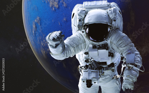 Space astronaut in a white spacesuit floating in space during a spacewalk, in a front of blue fiction planet with atmosphere visible below and a starry space background.