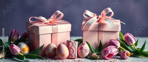 Celebratory scene featuring gifts, tulips, and decorated eggs, presenting a soft, pastel Easter holiday theme.