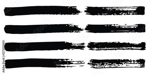 Vector brush strokes featuring black hand-drawn stripes, smears, Chinese or Japanese calligraphy, rough grunge texture, and rough grunge paint line texture, with vector sketch rectangle text boxes.