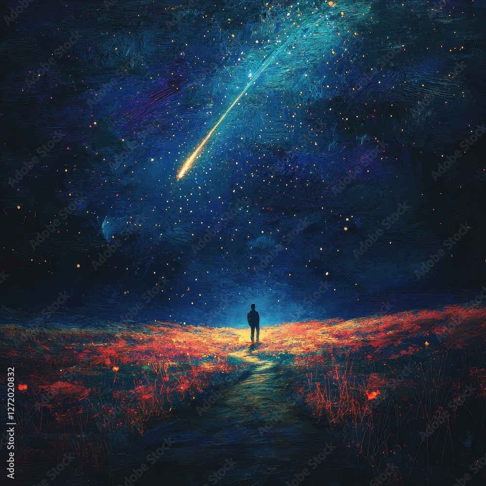Fototapeta premium A lone figure stands beneath a vibrant starry sky