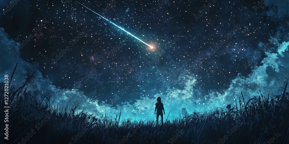 Fototapeta premium Silhouette watches a meteor streaking across the expansive night sky