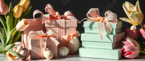 Gifts and Tulips: Pretty pink and green wrapped boxes with lace bows and floral accents for Easter celebration