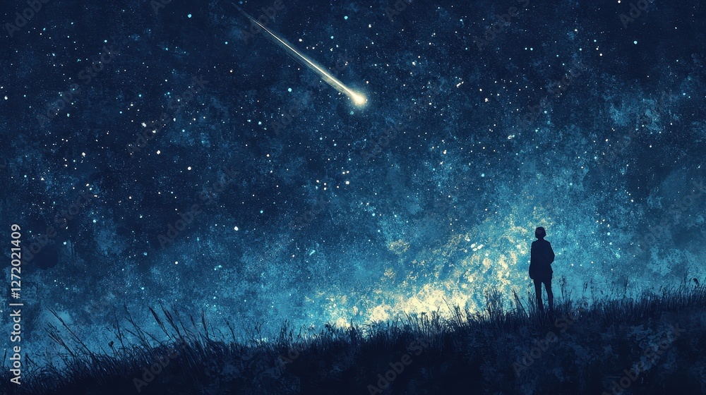 Fototapeta premium A solitary figure gazes at a breathtaking starlit night sky