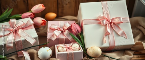 Elegant gift boxes with pink ribbon and tulips, perfect for a festive celebration on wooden background.