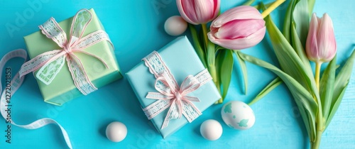 Presents and pink tulips laid on a cyan backdrop, accompanied by pastel-colored eggs. Gift giving.