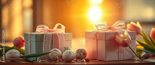 Gifts with ribbons and tulips create a warm, festive atmosphere. Elegant presents for a special occasion.
