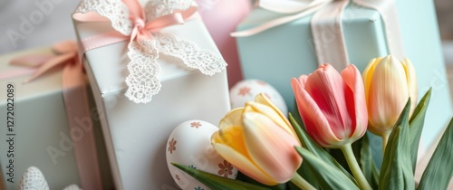 Pastel gifts and tulips with decorated eggs create a springtime celebration arrangement.
