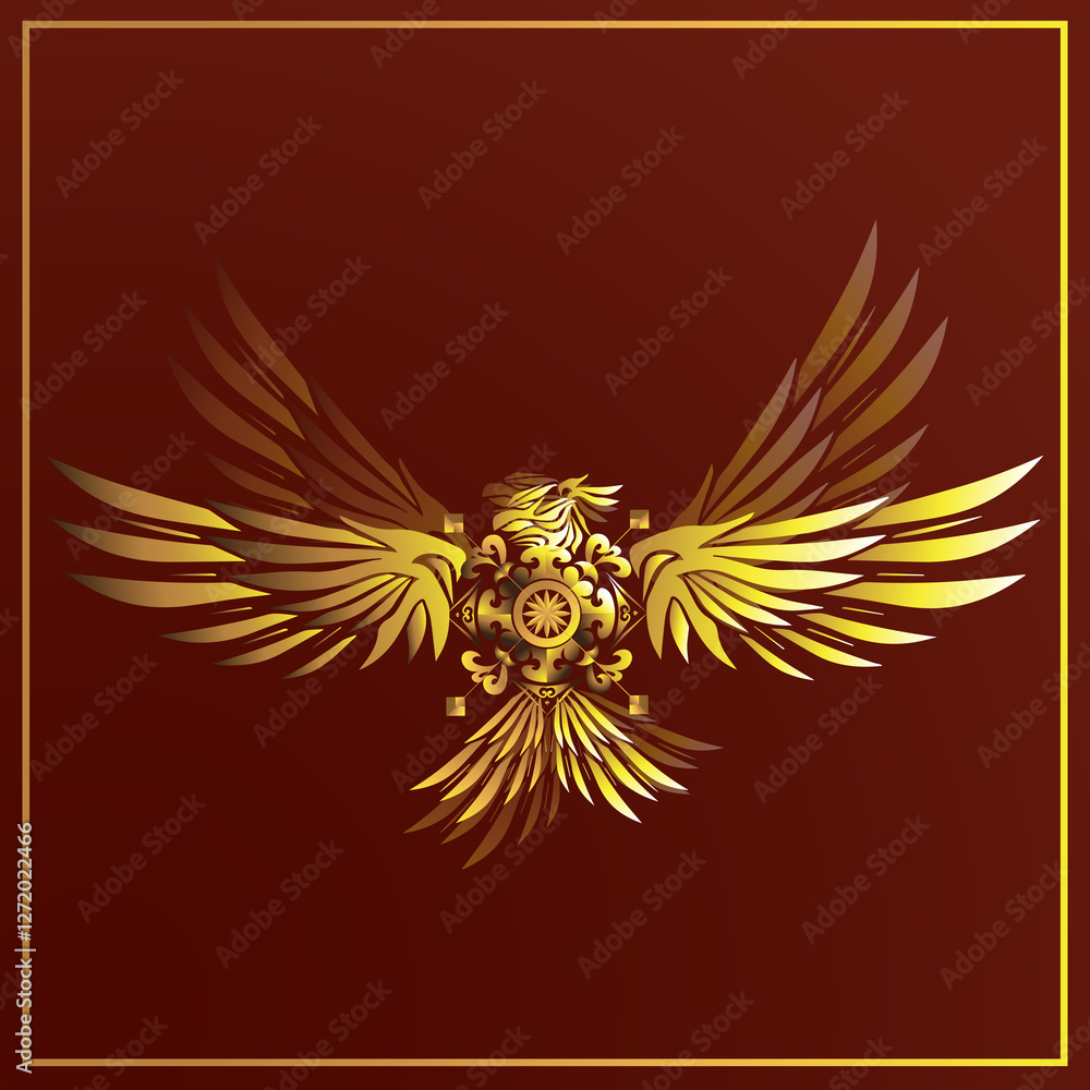 Obraz premium An illustration of a golden colored garuda spread its wings.