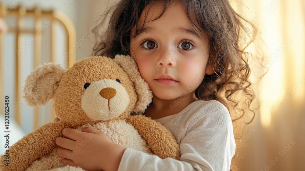 Close up of a child cuddling a stuffed animal, eyes filled with warmth and comfort, golden light filtering through a bedroom window Close up of a child cuddling a stuffed animal, eyes filled with warmth and comfort, golden light filtering through a bedroom window