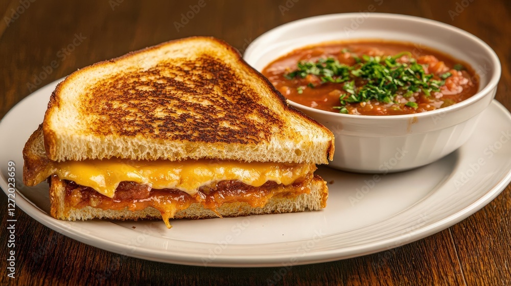 An artfully plated grilled cheese sandwich on a colorful ceramic dish An artfully plated grilled cheese sandwich on a colorful ceramic dish