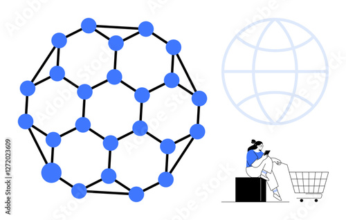 Network diagram with blue nodes interconnected by lines, woman with shopping cart, and faint global grid in background. Ideal for technology, e-commerce, globalization, connectivity, networking