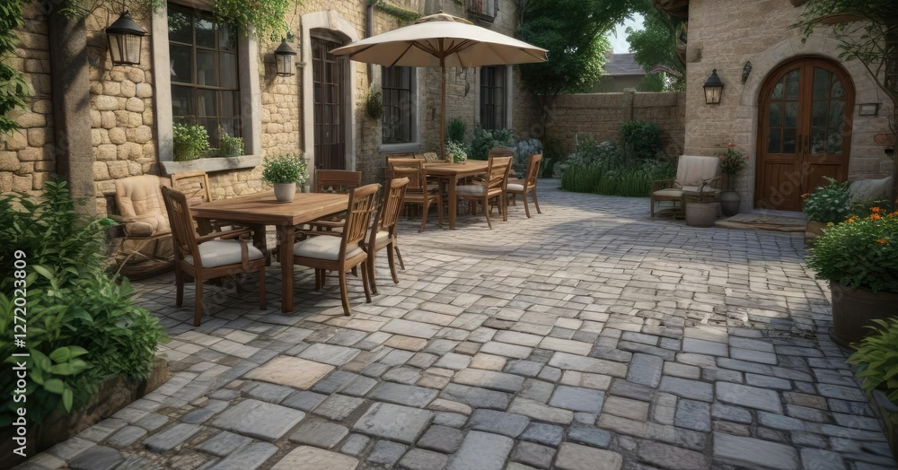 Obraz premium Cobblestone patio with outdoor furniture and plants, patio, rustic charm, furniture