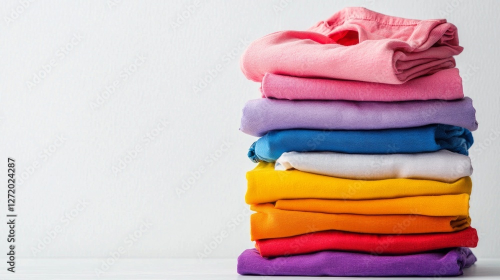 A vibrant tower of neatly folded cotton clothes stands against a clean white background, blending shades of pink, purple, blue, yellow, and orange A vibrant tower of neatly folded cotton clothes stands against a clean white background, blending shades of pink, purple, blue, yellow, and orange