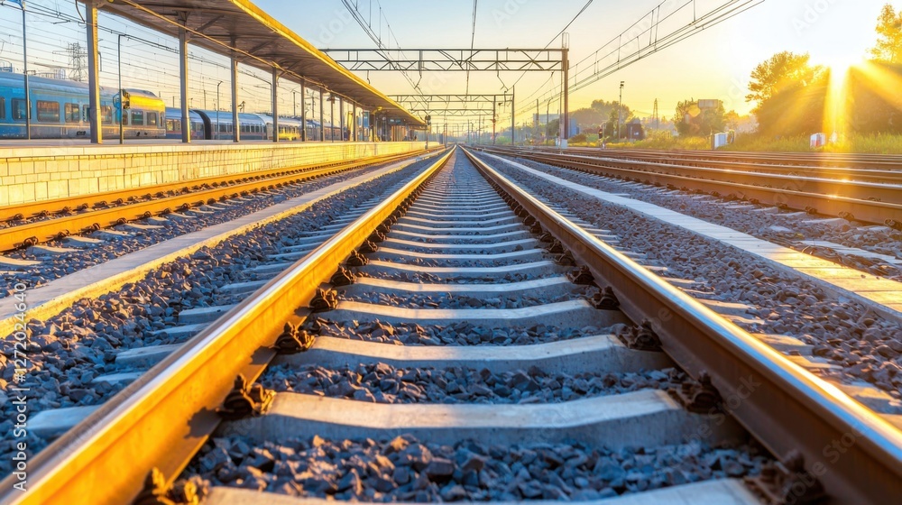 Close up of a train station at sunrise, golden light reflecting off the empty tracks, a sense of journeys beginning and endless possibilities Close up of a train station at sunrise, golden light reflecting off the empty tracks, a sense of journeys beginning and endless possibilities