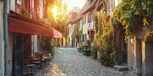 Quaint European street at sunset with stone pavement, rustic buildings, charming cafes, and lush foliage for a nostalgic and romantic scene.