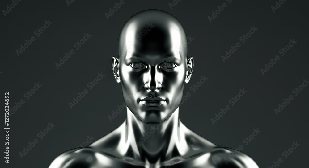 Metallic mannequin with a smooth, reflective surface and a strong presence