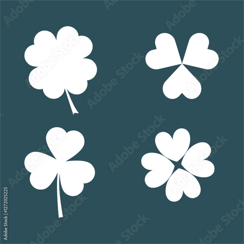 Clover Icon set, shamrock, lucky Irish sign, Santa Patrick's Day symbol good luck sign. White on green. Vector illustration EPS 10,