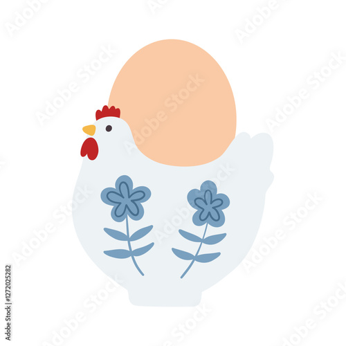 Cute Easter egg with chicken and flowers. Vector illustration in flat style.