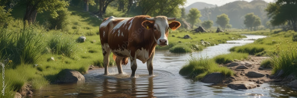 Cow wading through a shallow stream in the countryside, landscape, cow Cow wading through a shallow stream in the countryside, landscape, cow