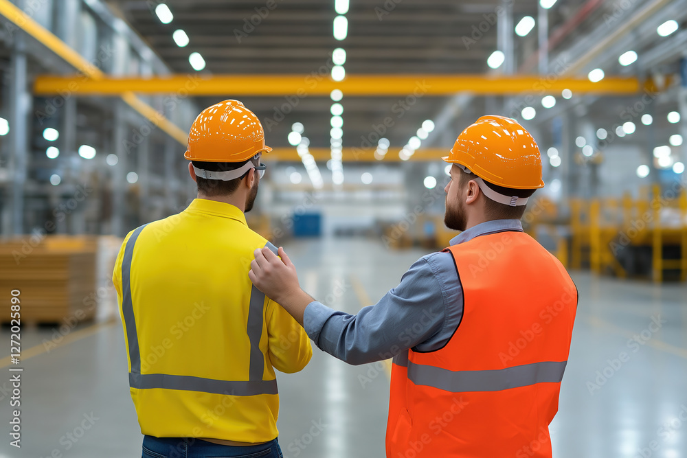 Two workers discussing safety protocols in a spacious industrial warehouse setting Two workers discussing safety protocols in a spacious industrial warehouse setting