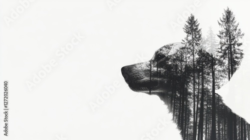 This captivating double exposure features a dog's silhouette merged with a stunning forest backdrop, conveying a deep connection to nature and tranquility.