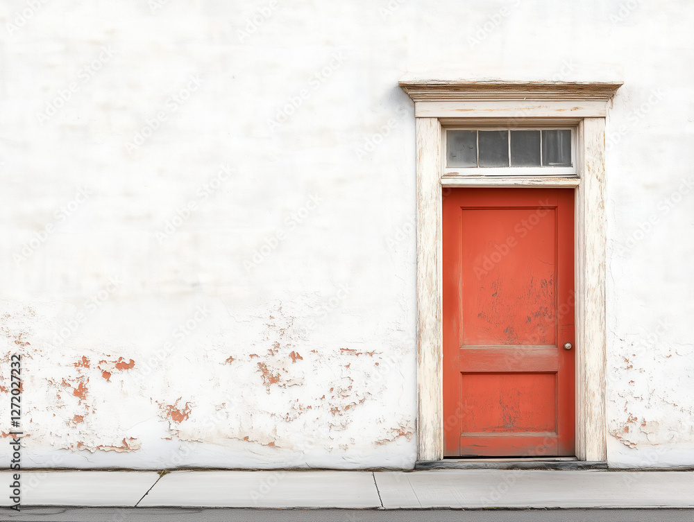 Fototapeta premium An Isolated Abandoned Building with Peeling Paint and a Bold Red Door: A Haunting Reminder of Forgotten Stories Against a Stark White Backdrop