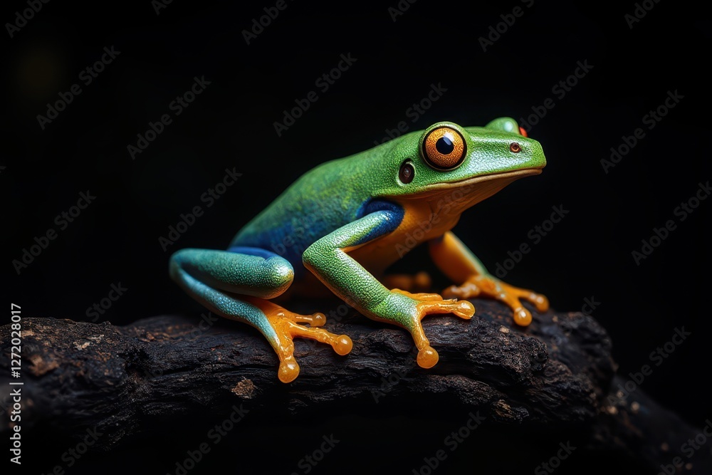 Fototapeta premium a green and blue frog sitting on a branch