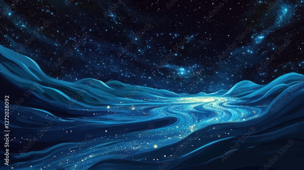 River of starlight flowing between cosmic mountains under a starry sky River of starlight flowing between cosmic mountains under a starry sky