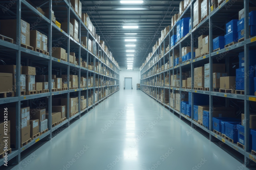 a long aisle in a warehouse with boxes and shelves a long aisle in a warehouse with boxes and shelves