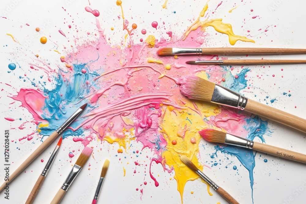 Fototapeta premium paint brushes and paint splatters on a white surface