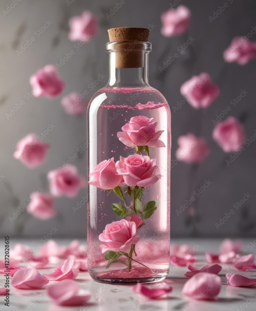 Delicate pink rose petals floating in a glass bottle containing clear rosewater , bathroom decor, tableware Delicate pink rose petals floating in a glass bottle containing clear rosewater , bathroom decor, tableware