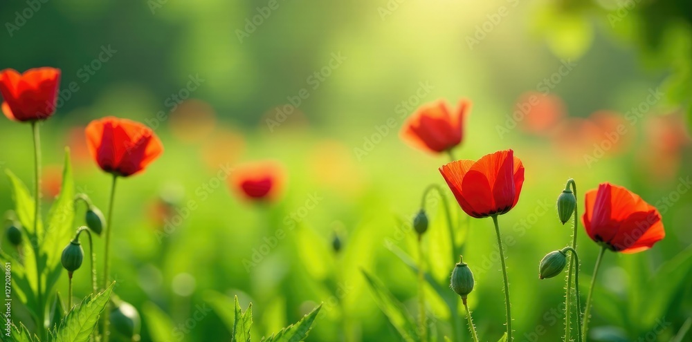 Obraz premium Delicate red poppies rise from lush green grass, colors, nature