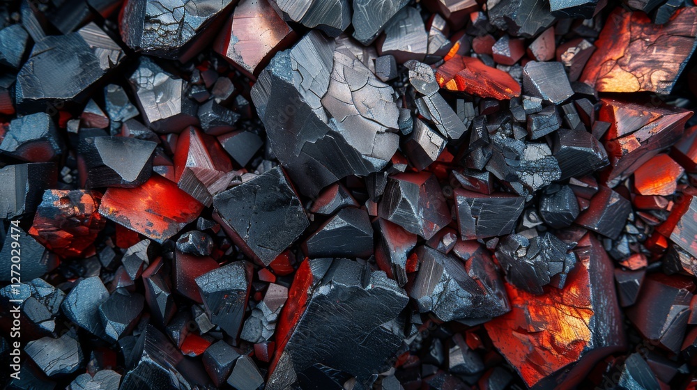 Black and red obsidian crystals are scattered across a surface, highlighting their sharp edges and smooth surfaces. Natural light accentuates their vibrant colors and intricate patterns. Black and red obsidian crystals are scattered across a surface, highlighting their sharp edges and smooth surfaces. Natural light accentuates their vibrant colors and intricate patterns.