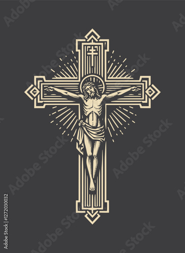 Vintage engraving of Jesus Christ crucified on a Christian cross