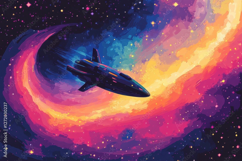 Spaceship flying through a colorful nebula among bright stars Spaceship flying through a colorful nebula among bright stars