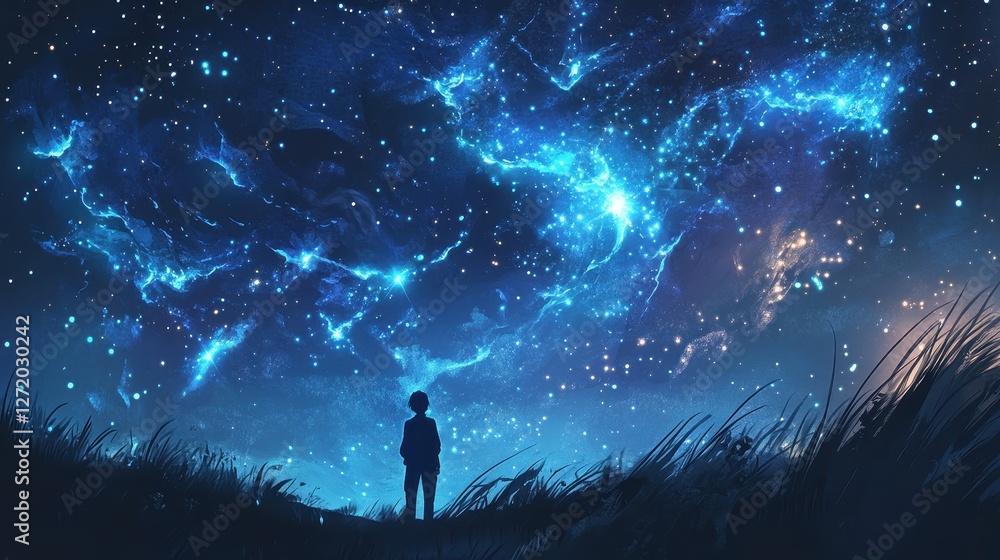 A silhouette of a boy under a starlit sky A silhouette of a boy under a starlit sky