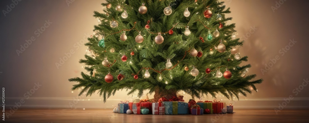 Evergreen Christmas tree with ornaments and fairy lights, holiday cheer, festive ornaments Evergreen Christmas tree with ornaments and fairy lights, holiday cheer, festive ornaments