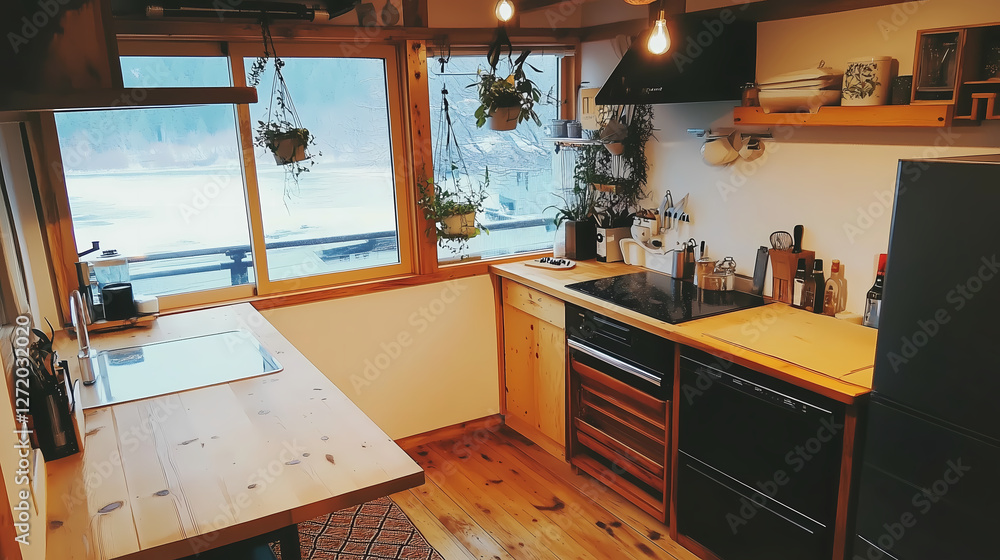 Compact Japandi kitchen with efficient storage solutions, foldable wooden table, and a touch of greenery from hanging plants Compact Japandi kitchen with efficient storage solutions, foldable wooden table, and a touch of greenery from hanging plants