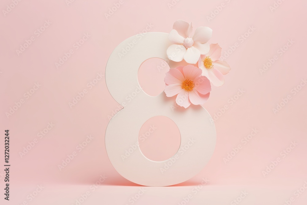 White number eight decorated with pink and white paper flowers standing on a pink background, celebrating international women's day White number eight decorated with pink and white paper flowers standing on a pink background, celebrating international women's day