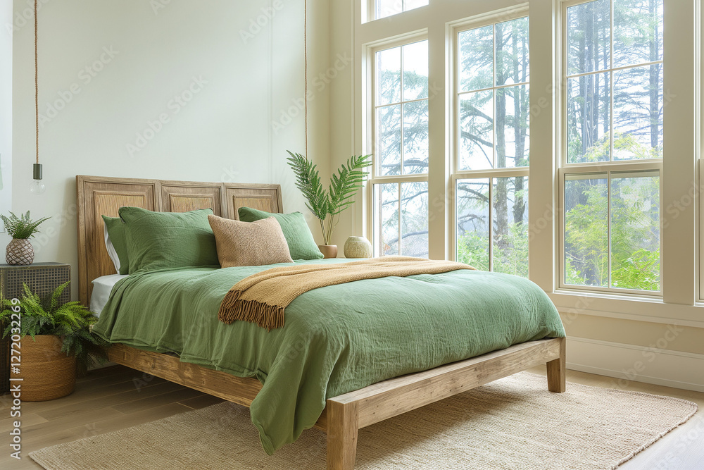 Fototapeta premium A bright bedroom featuring a natural, wooden bed frame with simple yet elegant lines. The bed is dressed in green bedding, adding a calming and vibrant pop of color that complements the neutral tones 