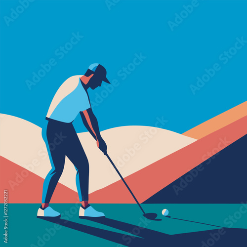 A golfer preparing to tee off at the fi rst hole flat design 