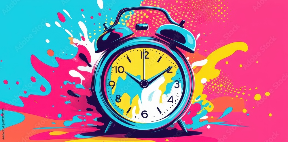 A vibrant alarm clock is surrounded by splashes of color A vibrant alarm clock is surrounded by splashes of color