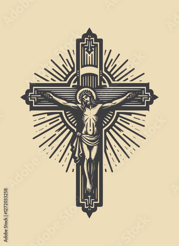 Vintage engraving of Jesus Christ crucified on a Christian cross
