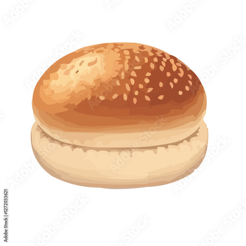 A golden-brown hamburger bun with a sesame seed top, soft and fluffy, set against a white background