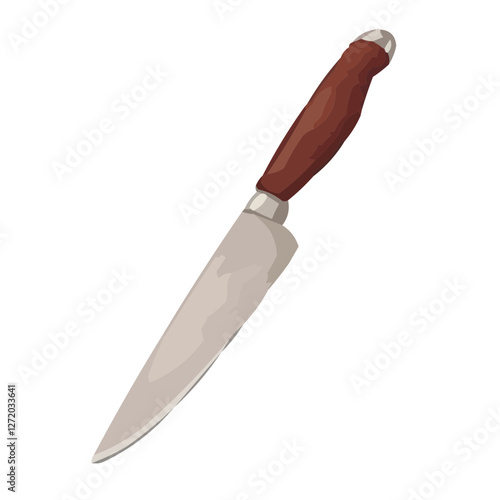 A stainless steel kitchen knife with a brown wooden handle, featuring a sleek blade and a silver bolster at the base of the handle