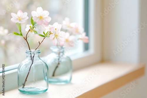 Cherry blossom branches in glass vases on a windowsill, bringing a touch of spring indoors with soft, natural light