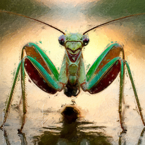 A Realistic Oil Painting Illustration of a Praying Mantis Camouflaged on a Green Branch Perfect for Interior Wall Art and Home Decor