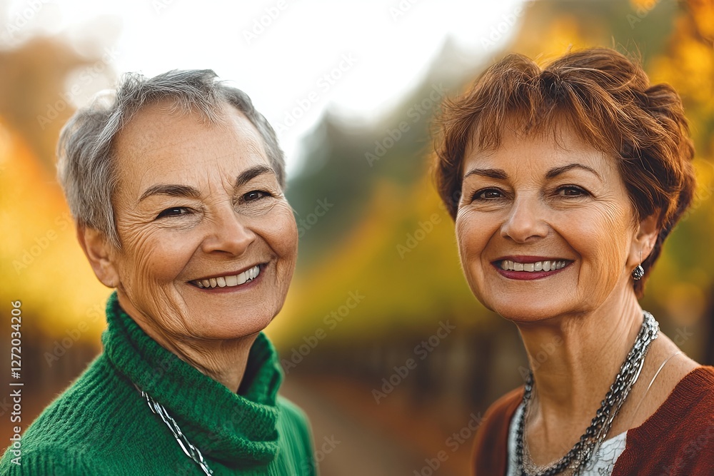 Two mature caucasian women smiling in autumn park setting Two mature caucasian women smiling in autumn park setting